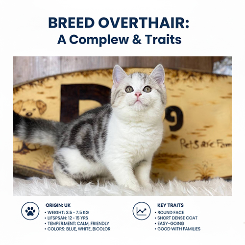 Mèo Anh lông ngắn con bicolor trắng xám đứng trên nền gỗ; ảnh infographic tóm tắt giống với các mục nguồn gốc, cân nặng, tuổi thọ, tính cách và màu lông