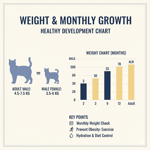 Infographic cân nặng và tốc độ phát triển theo tháng của mèo Anh lông ngắn; biểu đồ so sánh đực và cái, mốc trưởng thành và lưu ý kiểm soát béo phì, nước uống, vận động