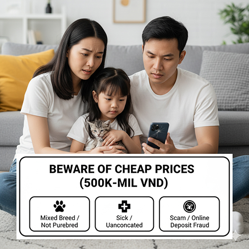 Ảnh cảnh báo giá rẻ mèo Anh lông ngắn 500k–2 triệu – gia đình nhìn điện thoại, bé gái bế mèo; khung chú ý nêu rủi ro: mèo lai, mèo bệnh chưa tiêm, lừa cọc online.