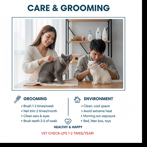 Infographic cách nuôi mèo Anh lông ngắn; cặp đôi đang chải lông cho mèo British Shorthair màu blue và mèo con trắng, kèm checklist grooming và môi trường sống