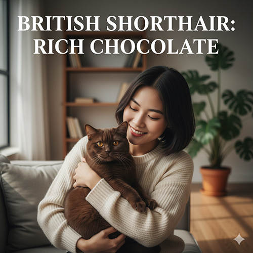 Cô gái bế mèo Anh lông ngắn màu chocolate với bộ lông nâu socola óng ả trong phòng khách