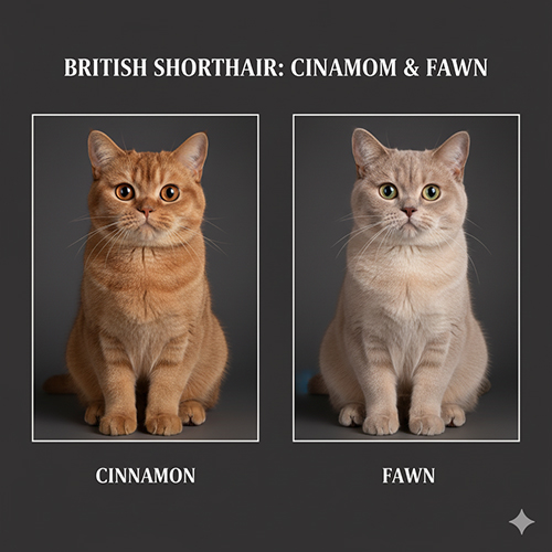 Mèo Anh lông ngắn Cinnamon màu nâu quế ấm và mèo Fawn màu nâu be nhạt hiếm, được xem là hàng sưu tầm