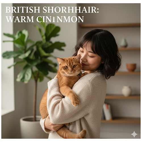 Cô gái ôm mèo Anh lông ngắn màu cinnamon nâu quế hiếm gặp trong phòng khách sáng