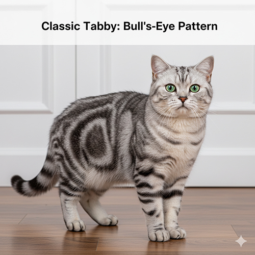 Mèo Anh lông ngắn classic tabby với hoa văn bull’s-eye tròn rõ nét ở hai bên hông