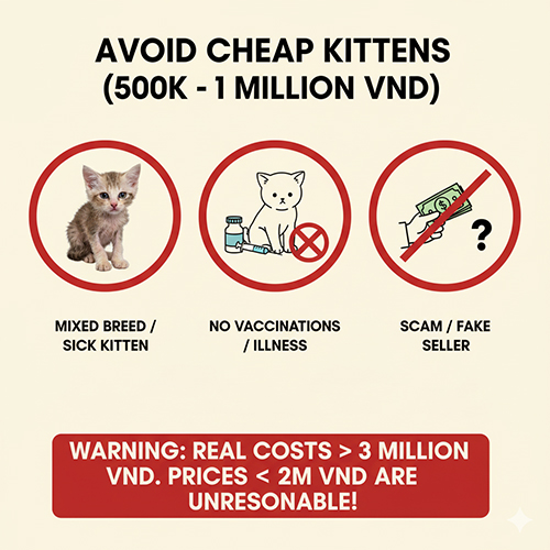 Infographic cảnh báo không nên mua mèo Anh lông ngắn con giá rẻ 500k–2 triệu; rủi ro mèo lai hoặc bệnh, chưa tiêm phòng và lừa cọc; chi phí nuôi thực tế vượt 3 triệu.