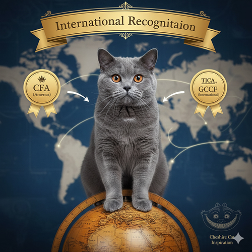 Mèo Anh lông ngắn màu blue ngồi trên quả địa cầu trước bản đồ thế giới, banner International Recognition và huy hiệu CFA, TICA, GCCF