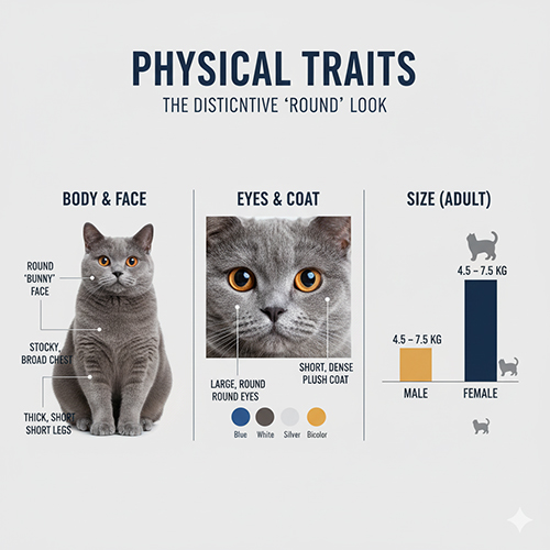 Infographic đặc điểm mèo Anh lông ngắn với hình minh họa mèo blue, mô tả thân hình tròn chắc, ngực rộng, chân ngắn; mắt tròn lớn; lông ngắn dày; kèm biểu đồ cân nặng đực 4,5–7,5 kg và cái 3,5–6 kg, bảng màu blue–white–silver–bicolor