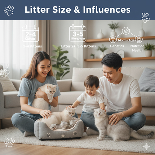 Mèo Anh lông ngắn mỗi lứa đẻ trung bình 2–5 con, số lượng phụ thuộc vào tuổi, sức khỏe và dinh dưỡng mèo mẹ