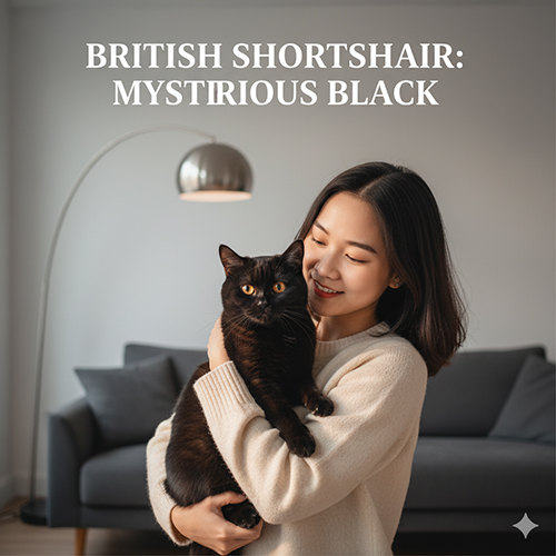 Cô gái ôm mèo Anh lông ngắn màu đen tuyền với đôi mắt vàng nổi bật trong phòng khách