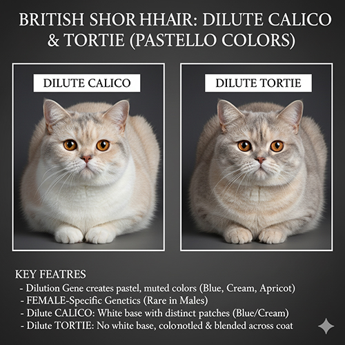 Mèo Anh lông ngắn dilute calico và dilute tortie với bộ lông pastel hiếm gặp ở mèo cái
