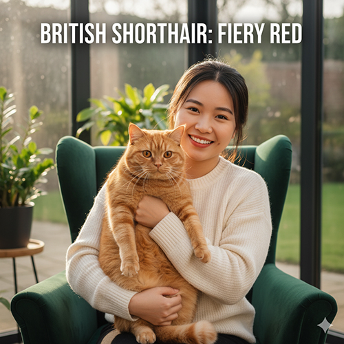Cô gái ôm mèo Anh lông ngắn màu đỏ rực rỡ với bộ lông cam nổi bật trên ghế xanh