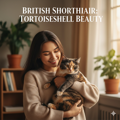 Cô gái ôm mèo Anh lông ngắn đồi mồi với bộ lông pha trộn đen và cam độc đáo trong phòng khách