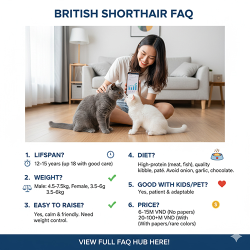 Infographic FAQ mèo Anh lông ngắn; cô gái ngồi giữa mèo ALN màu xám và trắng trong phòng khách, liệt kê tuổi thọ 12–15 năm, cân nặng đực 4,5–7,5 kg cái 3,5–6 kg, chế độ ăn, độ thân thiện với trẻ em thú cưng và khung giá bán