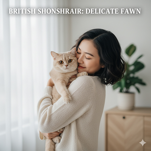 Cô gái âu yếm mèo Anh lông ngắn màu fawn nâu be nhạt hiếm gặp trong không gian sáng tự nhiên