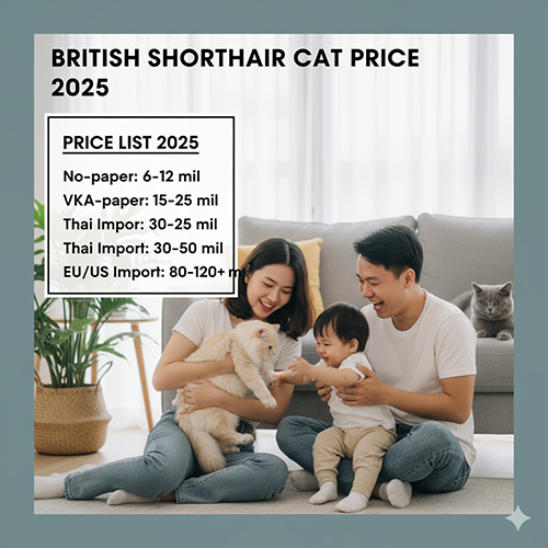 Ảnh đại diện bài viết giá mèo Anh lông ngắn (British Shorthair) 2025 – gia đình chơi với mèo trong phòng khách, kèm khung bảng tóm tắt giá.