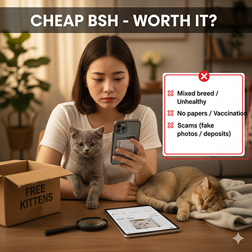 Ảnh minh họa cảnh báo mèo Anh lông ngắn (British Shorthair) giá rẻ: rủi ro mèo lai, bệnh, không giấy/không tiêm, dễ bị lừa cọc