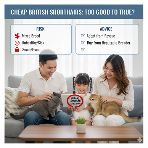 Infographic cảnh báo mèo Anh lông ngắn giá rẻ với gia đình chơi cùng ba mèo con và khung rủi ro – lời khuyên