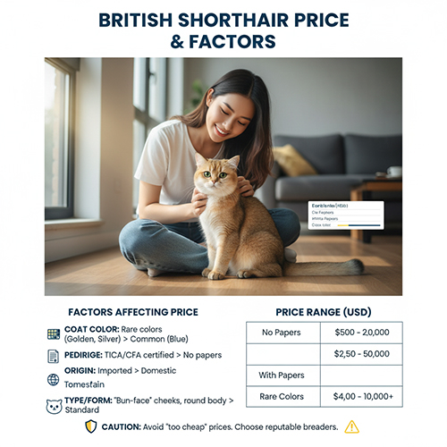 Cô gái vuốt ve mèo Anh lông ngắn màu golden trong phòng khách; infographic “British Shorthair Price & Factors” kèm các mục màu lông, giấy tờ, nguồn gốc, ngoại hình và dải giá