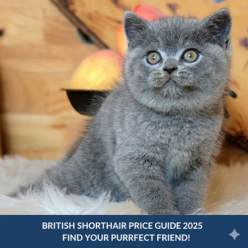 Mèo Anh lông ngắn (British Shorthair) màu xám xanh ngồi trên thảm lông, ảnh đại diện bài viết về giá năm 2025