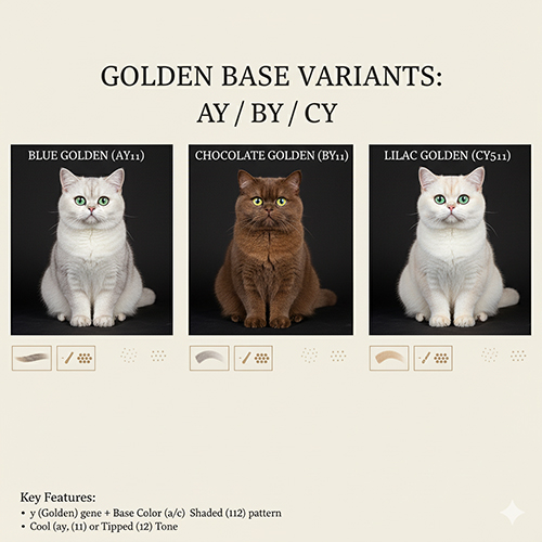 Mèo Anh lông ngắn Golden biến thể nền màu Blue Golden AY, Chocolate Golden BY và Lilac Golden CY hiếm gặp