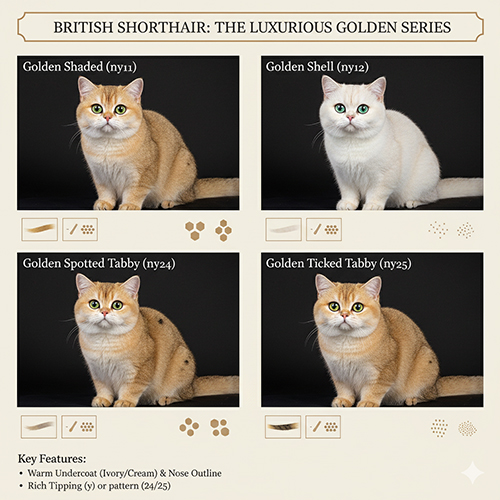 Mèo Anh lông ngắn Golden gồm Golden Shaded ny11, Golden Shell ny12, Golden Spotted Tabby ny24 và Golden Ticked Tabby ny25