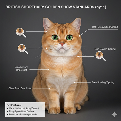 Mèo Anh lông ngắn Golden Shaded ny11 với lớp lông gốc kem và chóp lông vàng phủ 1/3, mắt viền đậm nổi bật