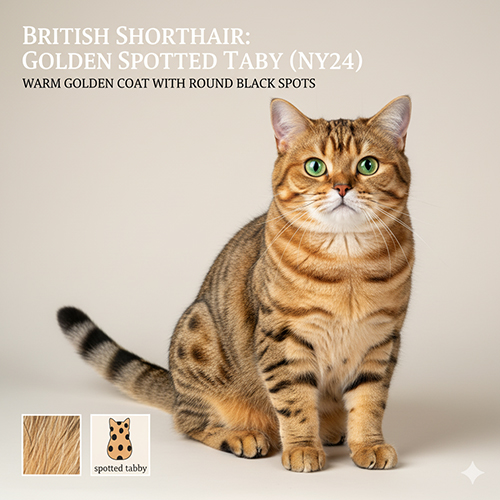 Mèo Anh lông ngắn Golden Spotted Tabby ny24 với nền vàng kim và hoa văn đốm tròn đều khắp thân