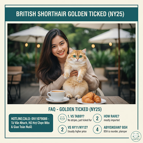 Mèo Anh lông ngắn Golden Ticked (British Shorthair ny25) với bộ lông vàng ánh ticked độc đáo và đôi mắt xanh nổi bật