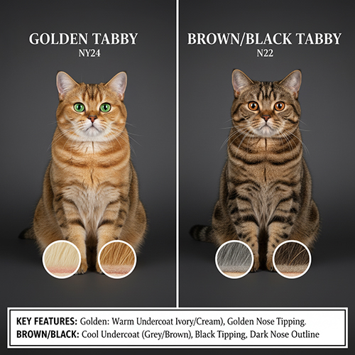 So sánh mèo Anh lông ngắn Golden Tabby ny24 với undercoat sáng và mèo Brown Black Tabby n22 với nền nâu đậm vằn đen