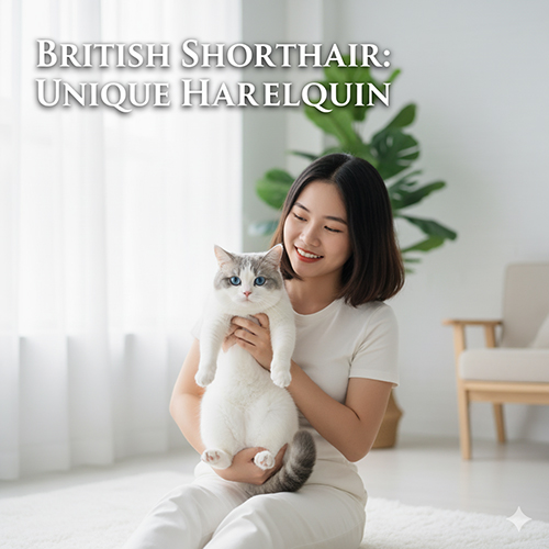 Cô gái bế mèo Anh lông ngắn harlequin với lông trắng chiếm chủ đạo và các mảng màu lớn loang