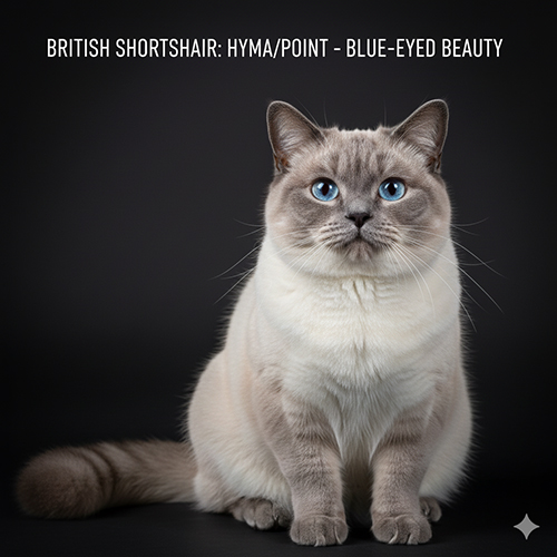 Mèo Anh lông ngắn Hyma Point với mắt xanh biếc, mặt và tứ chi tối màu đối lập thân sáng kem
