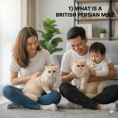 Gia đình vui vẻ chơi đùa cùng hai bé mèo Anh lông ngắn lai Ba Tư trong phòng khách sáng sủa