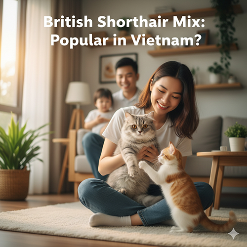 Gia đình Việt Nam vui đùa cùng mèo Anh lông ngắn lai và mèo ta trong phòng khách ấm cúng