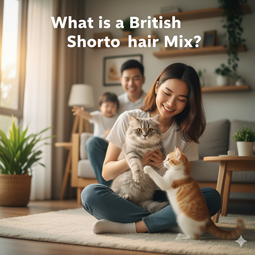 Gia đình Việt Nam chơi đùa với mèo Anh lông ngắn lai mèo ta trong phòng khách sáng ấm áp