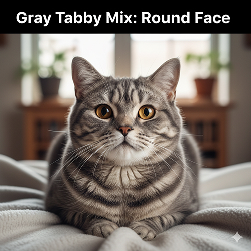 Mèo Anh lông ngắn lai mèo ta màu xám tabby với khuôn mặt tròn và đôi mắt vàng đồng