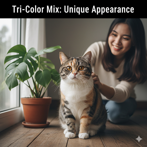 Mèo Anh lông ngắn lai mèo ta tam thể với bộ lông nhiều màu và người phụ nữ vuốt ve bên cửa sổ