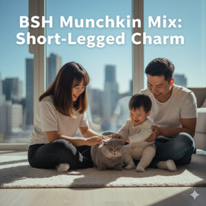 Mèo Anh lông ngắn lai Munchkin chân ngắn dễ thương, gia đình đang chơi cùng bé mèo trong căn hộ sáng sủa