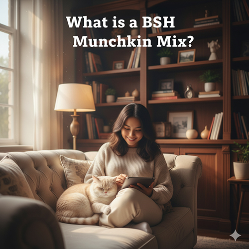 Mèo Anh lông ngắn lai Munchkin nằm cạnh cô gái đọc sách trong phòng khách ấm áp