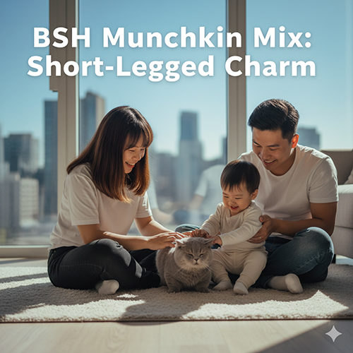 Mèo Anh lông ngắn lai Munchkin chân ngắn dễ thương, gia đình đang chơi cùng bé mèo trong căn hộ sáng sủa