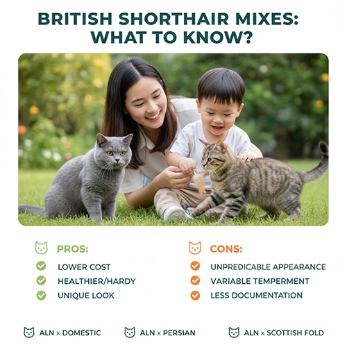 Mẹ và bé chơi cùng mèo Anh lông ngắn màu xám và mèo mướp ngoài công viên; infographic nêu ưu nhược điểm và các kiểu lai ALN × mèo ta, ALN × Persian, ALN × Scottish Fold