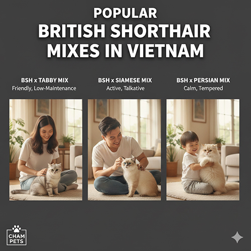 Các kiểu mèo Anh lông ngắn lai phổ biến tại Việt Nam – Tabby, Xiêm, Ba Tư, Munchkin, ALD