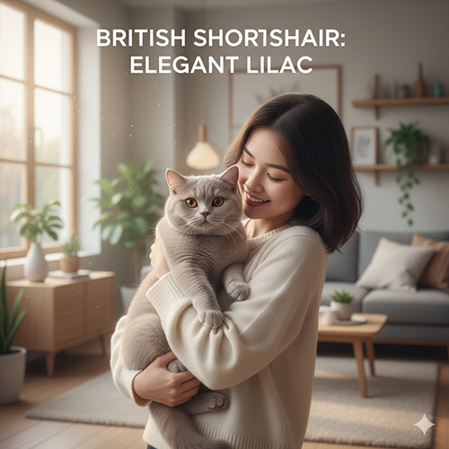 Cô gái bế mèo Anh lông ngắn lilac với bộ lông tím xám nhạt sang trọng trong phòng khách sáng sủa