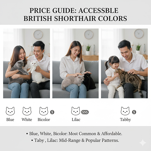 Các màu mèo Anh lông ngắn phổ biến dễ tiếp cận như blue, white, bicolor, tabby và lilac