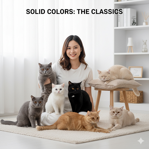 Cô gái ngồi cùng nhiều mèo Anh lông ngắn màu đơn sắc như xám xanh, đen, trắng, kem, đỏ và lilac