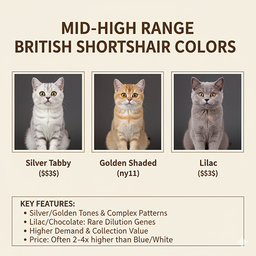 Mèo Anh lông ngắn màu silver tabby, golden shaded và lilac thuộc nhóm giá trung đến cao