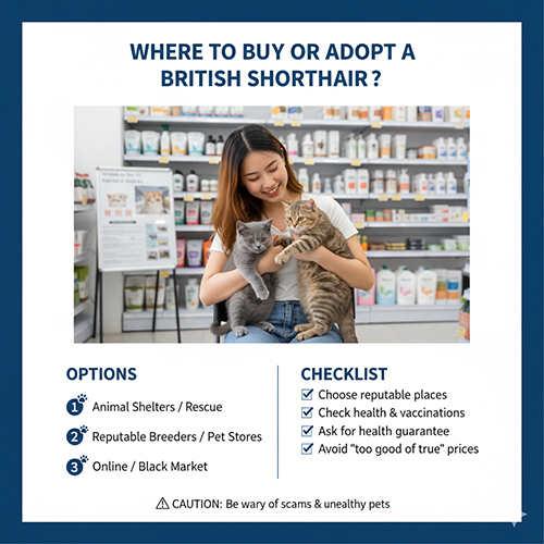 Cô gái bế hai chú mèo (ALN xám và mèo mướp) trong cửa hàng thú cưng; infographic “Where to buy or adopt a British Shorthair?” kèm các lựa chọn và checklist mua an toàn
