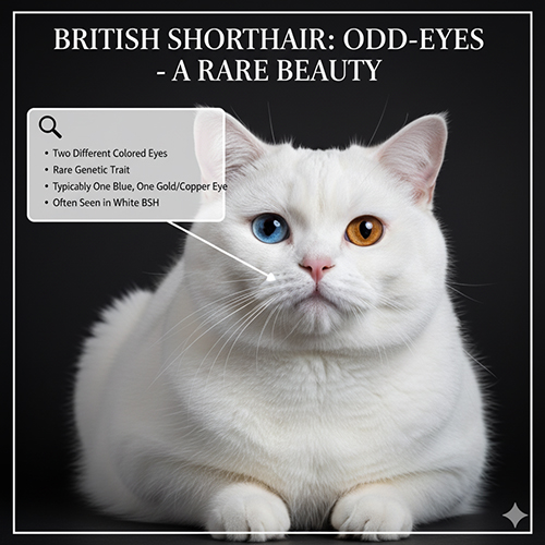 Mèo Anh lông ngắn trắng Odd-Eyes với một mắt xanh và một mắt vàng đồng, đặc điểm hiếm và quý hiếm
