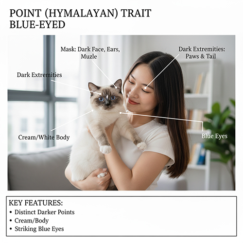Mèo Anh lông ngắn Point Himalayan với mặt tối màu, tai chân đuôi sẫm và thân sáng kem cùng đôi mắt xanh dương nổi bật