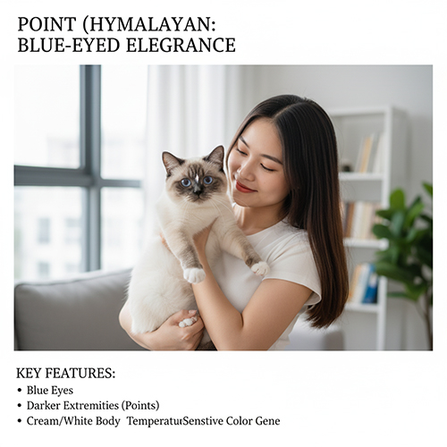 Mèo Anh lông ngắn Point Himalayan với mắt xanh biếc, mặt tai chân đuôi sẫm màu và thân trắng kem