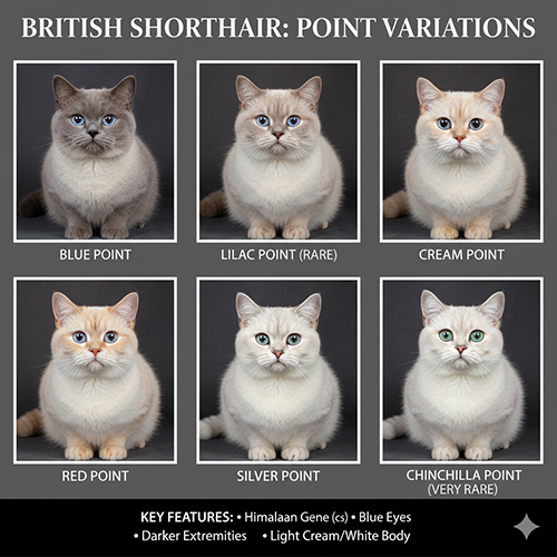 Các biến thể mèo Anh lông ngắn Point gồm Blue Point, Lilac Point, Cream Point, Red Point, Silver Point và Chinchilla Point hiếm